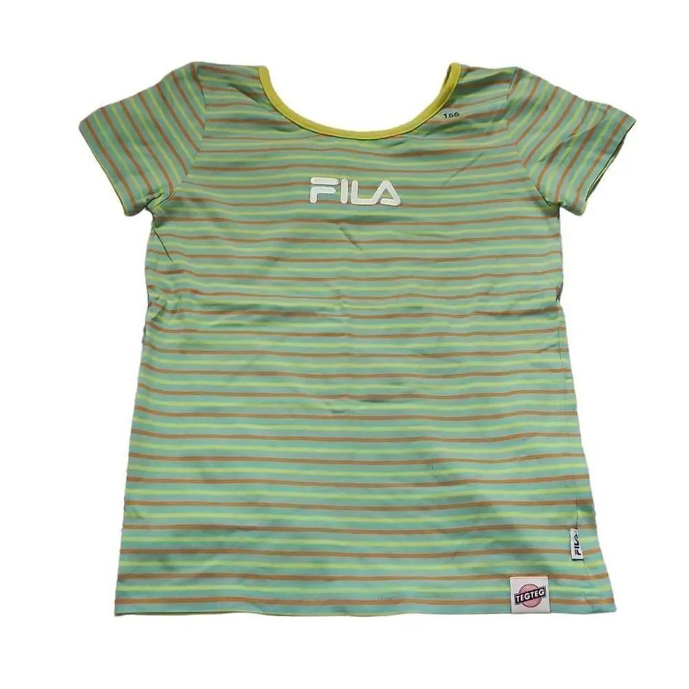 Fila TegTeg Girls Sz 155 10/12 Blue Orange Yellow Striped Short Sleeve Shirt